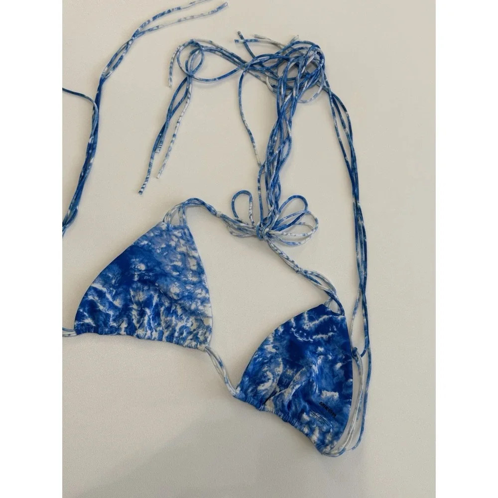 Mikoh Blue White Wave Tie Dye Triangle Bikini Top Strappy Halter Swim Sz L Soft